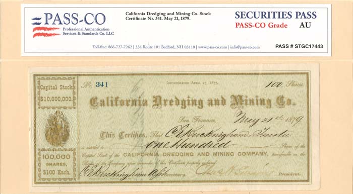 California Dredging and Mining Co. Stock with PASS-CO signed by C.E. Buckingham